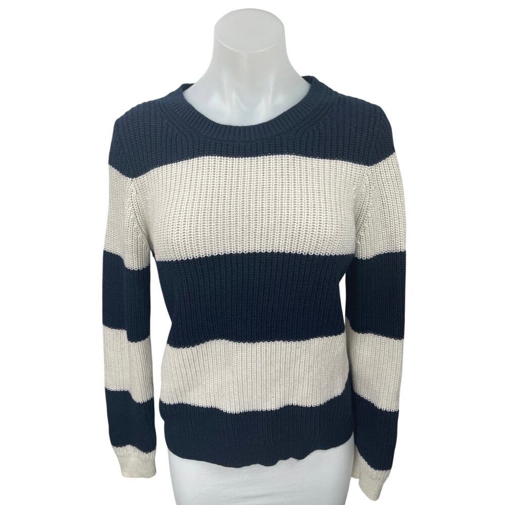 J.Crew Navy Blue White Striped Colorblock Crew Neck Pullover Sweater Top Size M - Picture 1 of 3